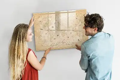 Magnetic glass dry erase board with a vintage world map design