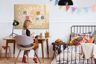 Magnetic glass dry erase board with a vintage world map design