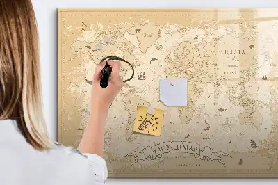 Magnetic glass dry erase board with a vintage world map design