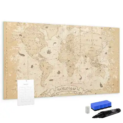 Magnetic glass dry erase board with a vintage world map design