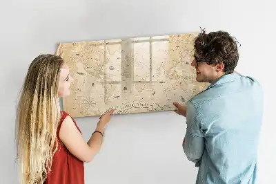 Magnetic glass dry erase board with a vintage world map design
