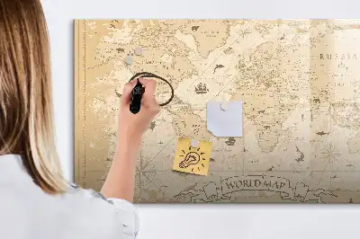 Magnetic glass dry erase board with a vintage world map design