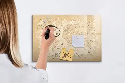Magnetic glass dry erase board with a vintage world map design