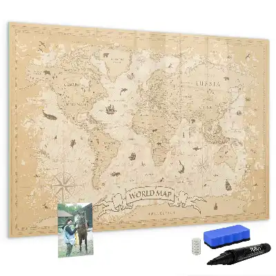 Magnetic glass dry erase board with a vintage world map design