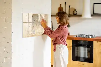 Magnetic glass dry erase board with a vintage world map design