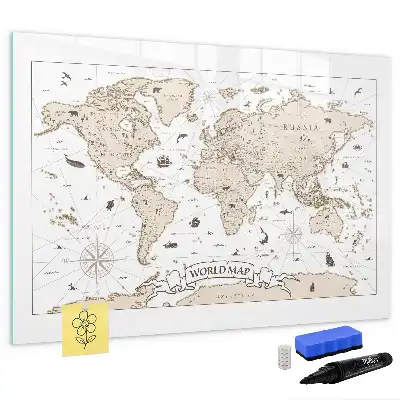 Magnetic marker board with a vintage world map design