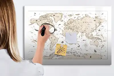 Magnetic marker board with a vintage world map design