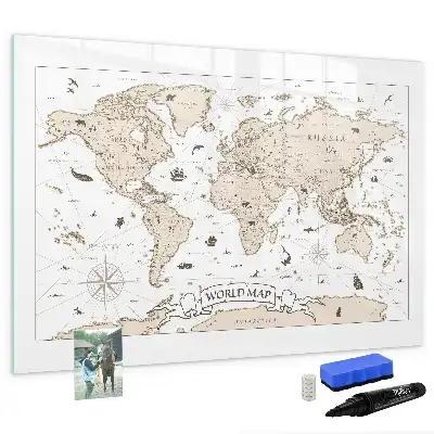 Magnetic marker board with a vintage world map design