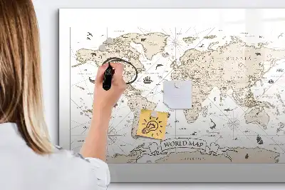 Magnetic marker board with a vintage world map design
