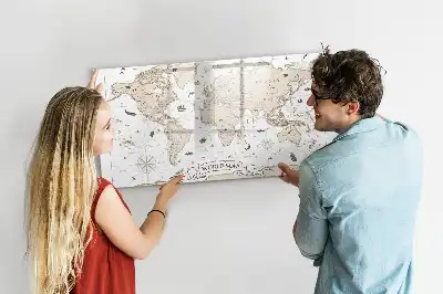 Magnetic marker board with a vintage world map design