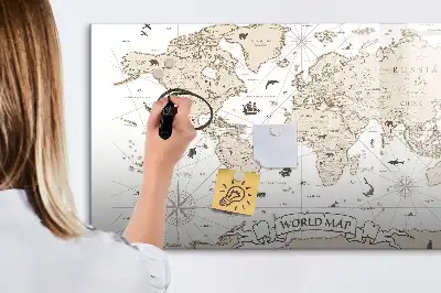 Magnetic marker board with a vintage world map design