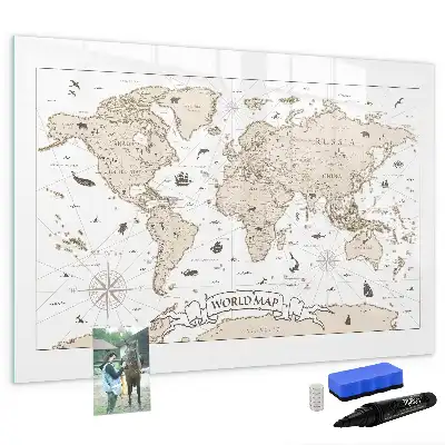 Magnetic marker board with a vintage world map design