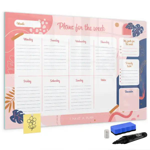 Magnetic glass dry erase board weekly planner