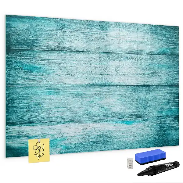 Magnetic glass dry erase board in old blue wood finish
