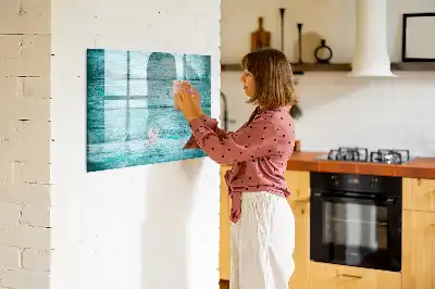Magnetic glass dry erase board in old blue wood finish