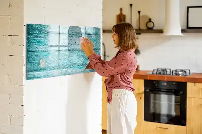 Magnetic glass dry erase board in old blue wood finish