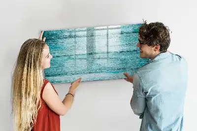 Magnetic glass dry erase board in old blue wood finish