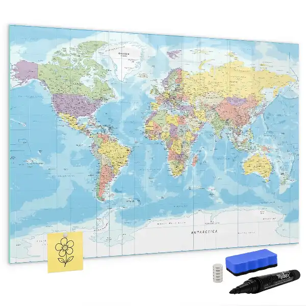 Magnetic marker board with a political world map