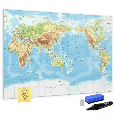 Magnetic glass dry erase board featuring a physical world map