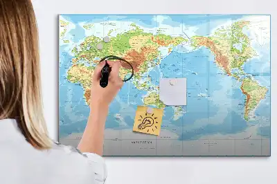 Magnetic glass dry erase board featuring a physical world map