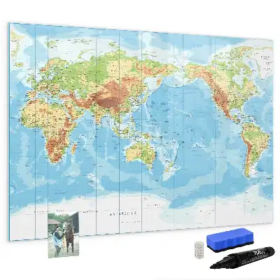 Magnetic glass dry erase board featuring a physical world map