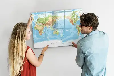 Magnetic glass dry erase board featuring a physical world map