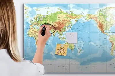 Magnetic glass dry erase board featuring a physical world map