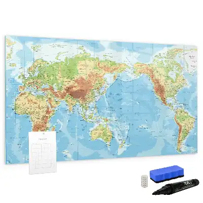 Magnetic glass dry erase board featuring a physical world map