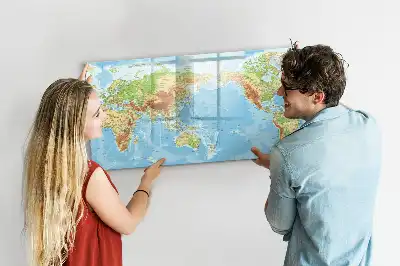 Magnetic glass dry erase board featuring a physical world map