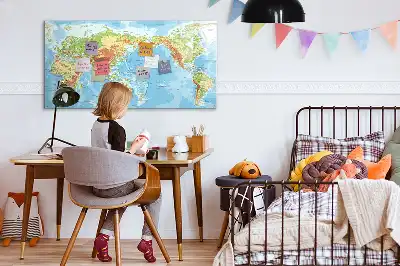 Magnetic glass dry erase board featuring a physical world map