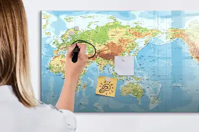 Magnetic glass dry erase board featuring a physical world map