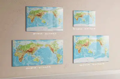 Magnetic glass dry erase board featuring a physical world map
