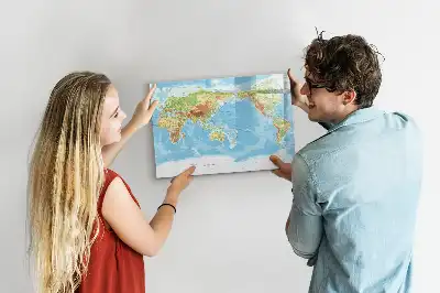 Magnetic glass dry erase board featuring a physical world map