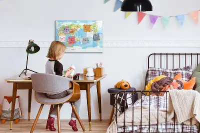 Magnetic glass dry erase board featuring a physical world map