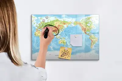 Magnetic glass dry erase board featuring a physical world map