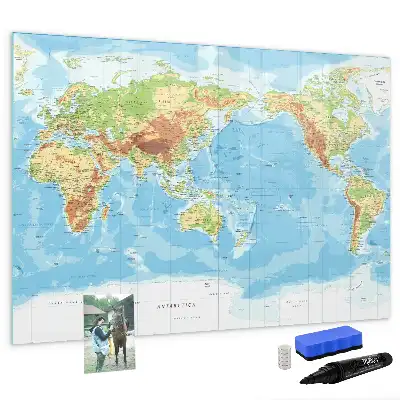 Magnetic glass dry erase board featuring a physical world map