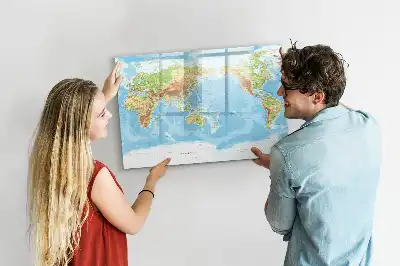 Magnetic glass dry erase board featuring a physical world map