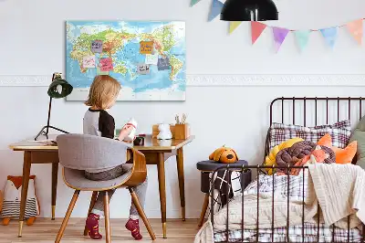 Magnetic glass dry erase board featuring a physical world map