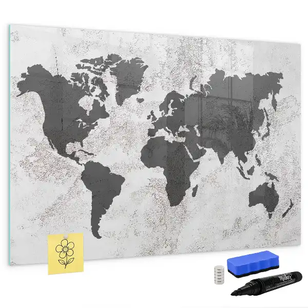 Magnetic glass dry erase board with world map on concrete design