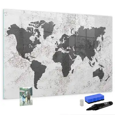 Magnetic glass dry erase board with world map on concrete design