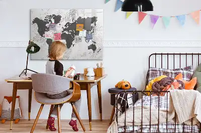 Magnetic glass dry erase board with world map on concrete design