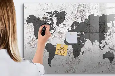 Magnetic glass dry erase board with world map on concrete design