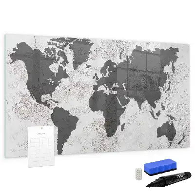 Magnetic glass dry erase board with world map on concrete design
