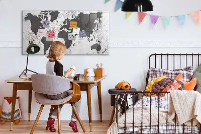 Magnetic glass dry erase board with world map on concrete design