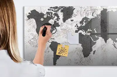 Magnetic glass dry erase board with world map on concrete design