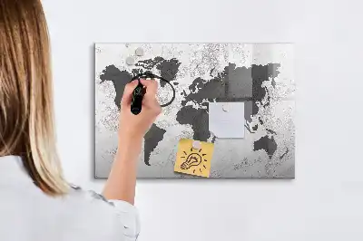 Magnetic glass dry erase board with world map on concrete design