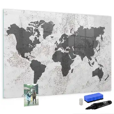 Magnetic glass dry erase board with world map on concrete design