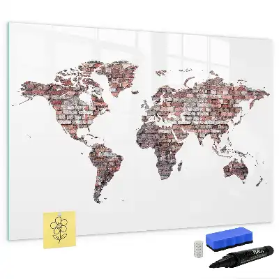 Magnetic glass dry erase board world map on brick design