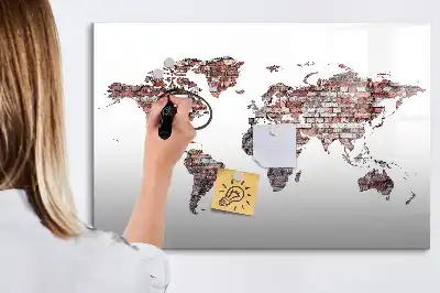 Magnetic glass dry erase board world map on brick design