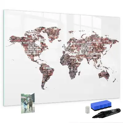Magnetic glass dry erase board world map on brick design